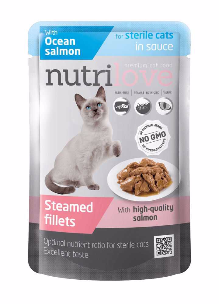 Nutrilove kočka Sterile losos ve šťávě, kapsička 85 g PRODEJ PO BALENÍ (28 ks)