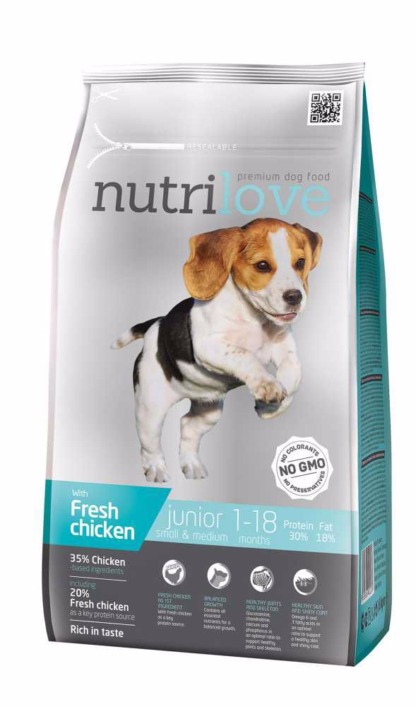 Nutrilove pes Junior Small & Medium fresh kuřecí, granule 1,6 kg