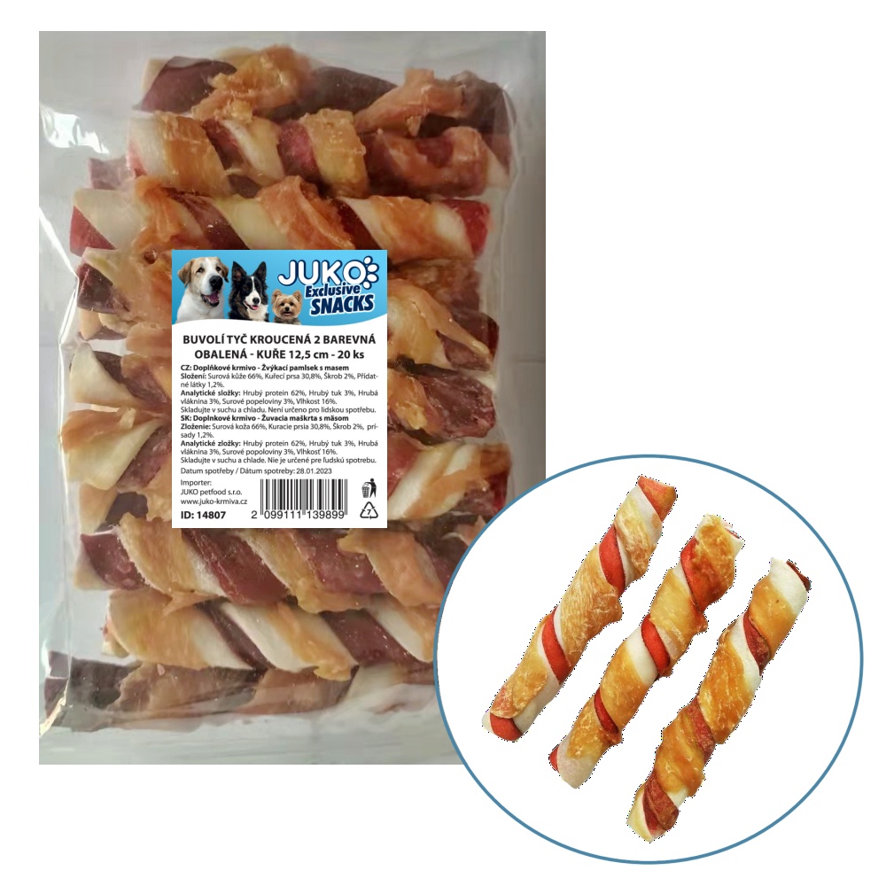 Tyč buvolí kroucená obalená kuřecím masem JUKO Snacks 12,5 cm (20 ks)