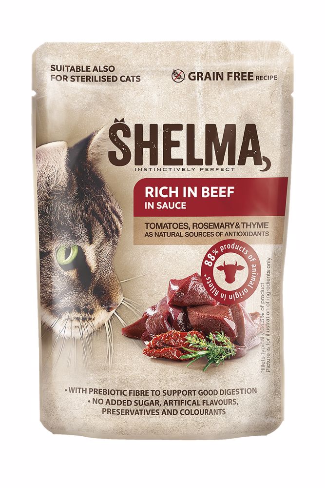 SHELMA Cat hovězí s rajčaty v omáčce, kapsa 85 g