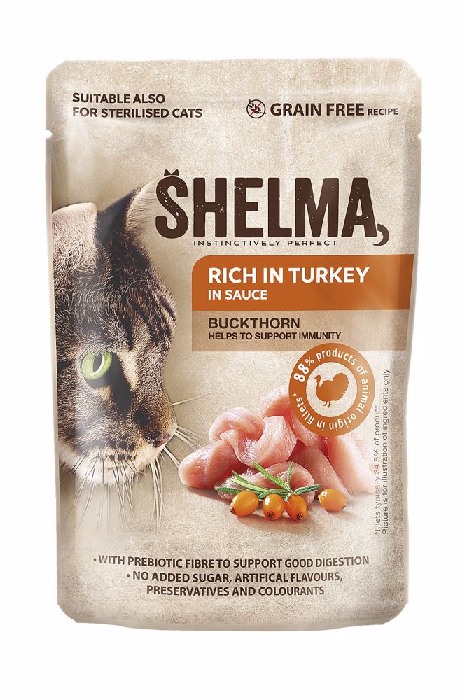 SHELMA Cat krůtí s rakytníkem v omáčce, kapsa 85 g