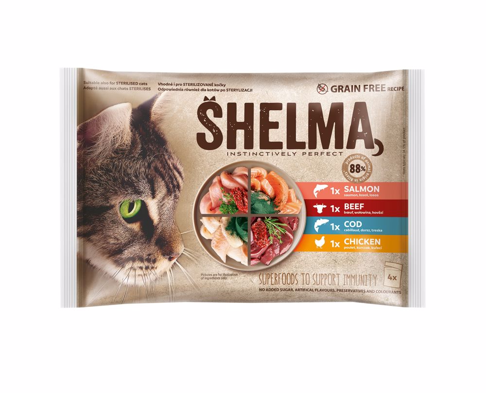 SHELMA Cat kuře, hovězí, losos a treska, kapsa 85 g (4 ks)
