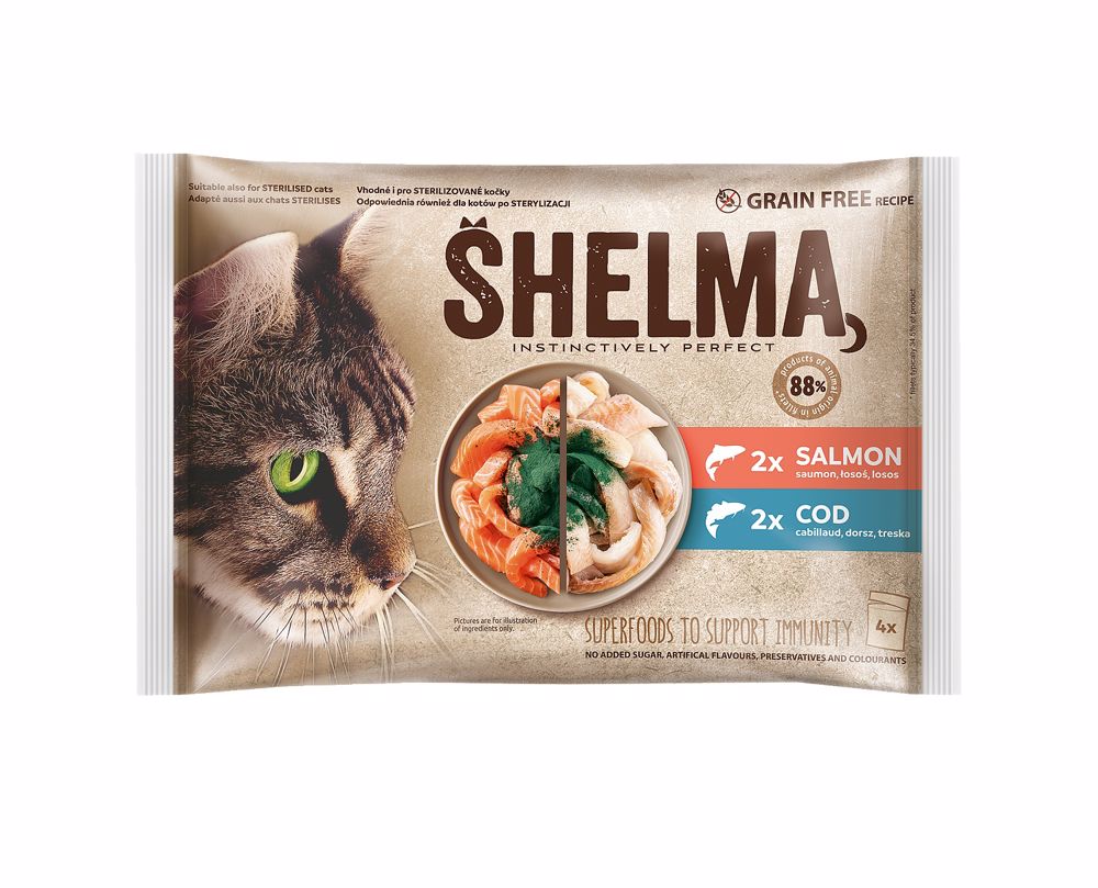 SHELMA Cat losos a treska, kapsa 85 g (4 pack)