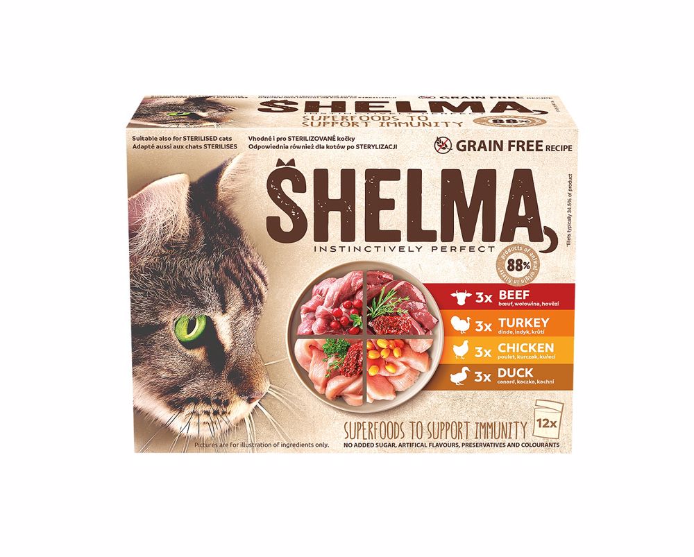 SHELMA Cat kuřecí, hovězí, kachní a krůtí, kapsa 85 g (12 pack)