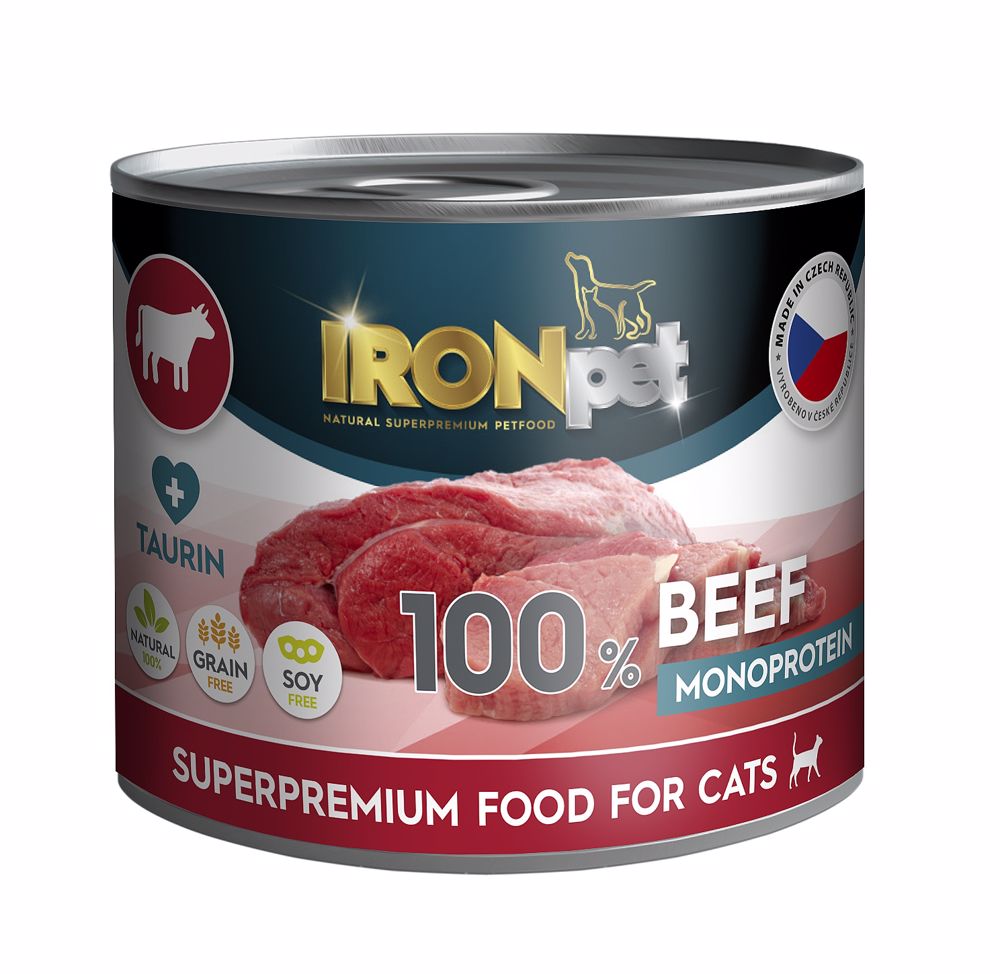 IRONpet Cat Beef (hovězí) 100 % Monoprotein, konzerva 200 g PRODEJ PO BALENÍ (8 ks)