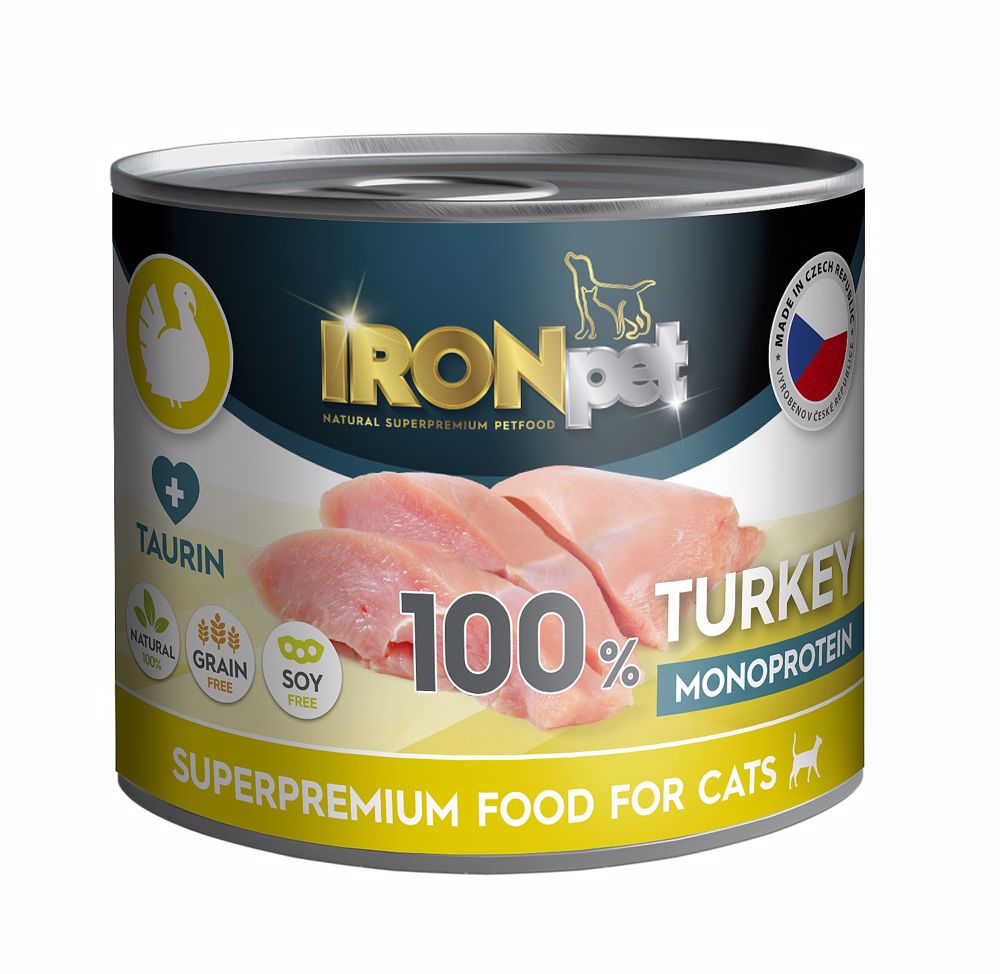 IRONpet Cat Turkey (krůta) 100 % Monoprotein, konzerva 200 g PRODEJ PO BALENÍ (8 ks)