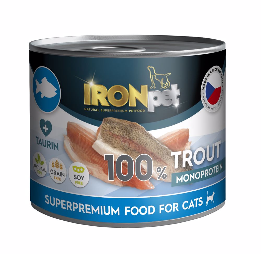 IRONpet Cat Trout (pstruh) 100 % Monoprotein, konzerva 200 g PRODEJ PO BALENÍ (8 ks)