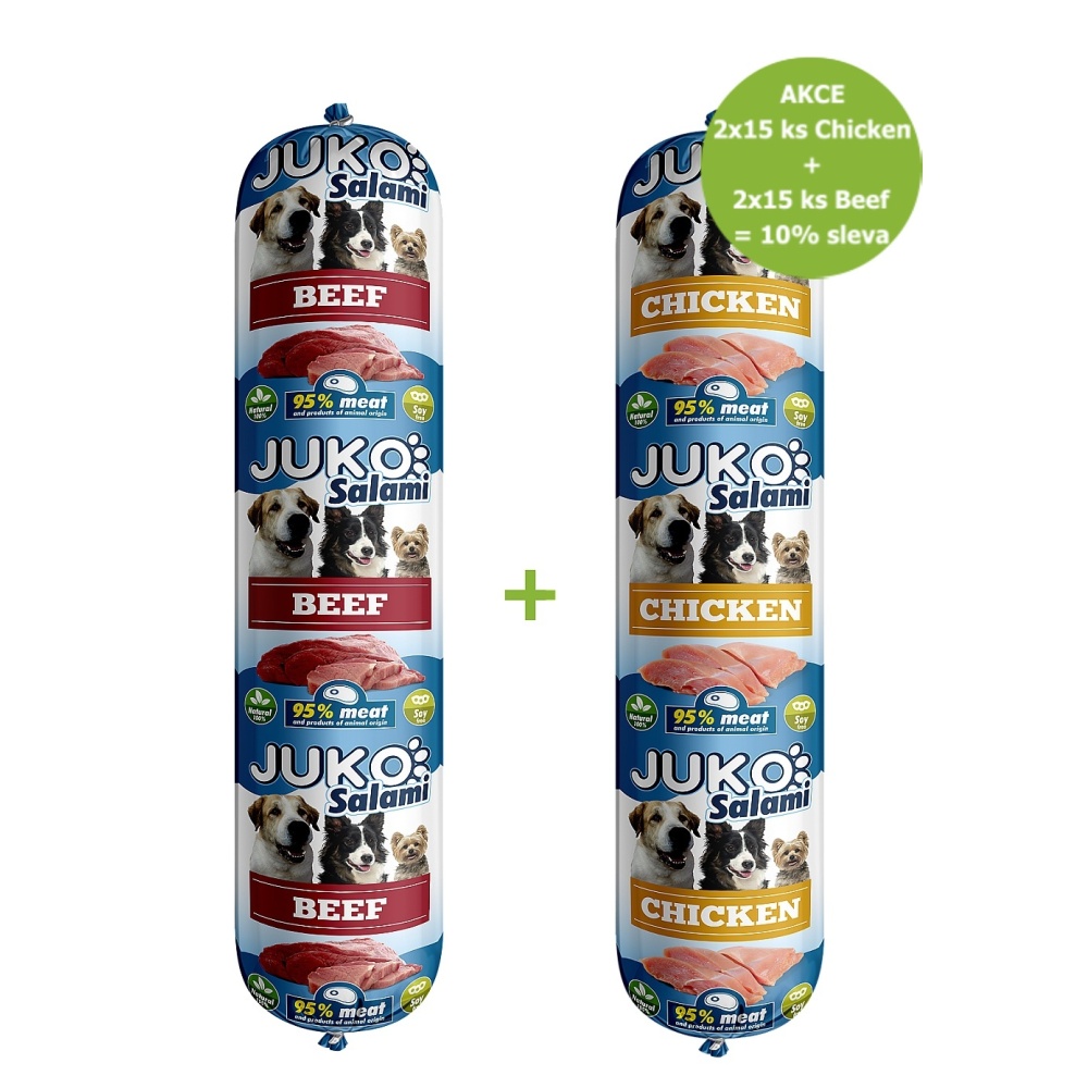 JUKO Salami Chicken (kuřecí) 2 x15 ks + Beef (hovězí) 2 x15 ks - SLEVA 10 %