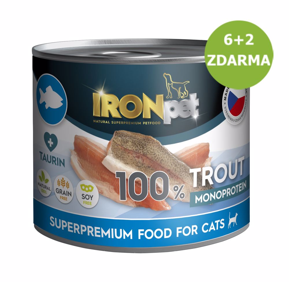 IRONpet Cat Trout (pstruh) 100 % Monoprotein, konzerva 200 g AKCE 6 + 2 ZDARMA