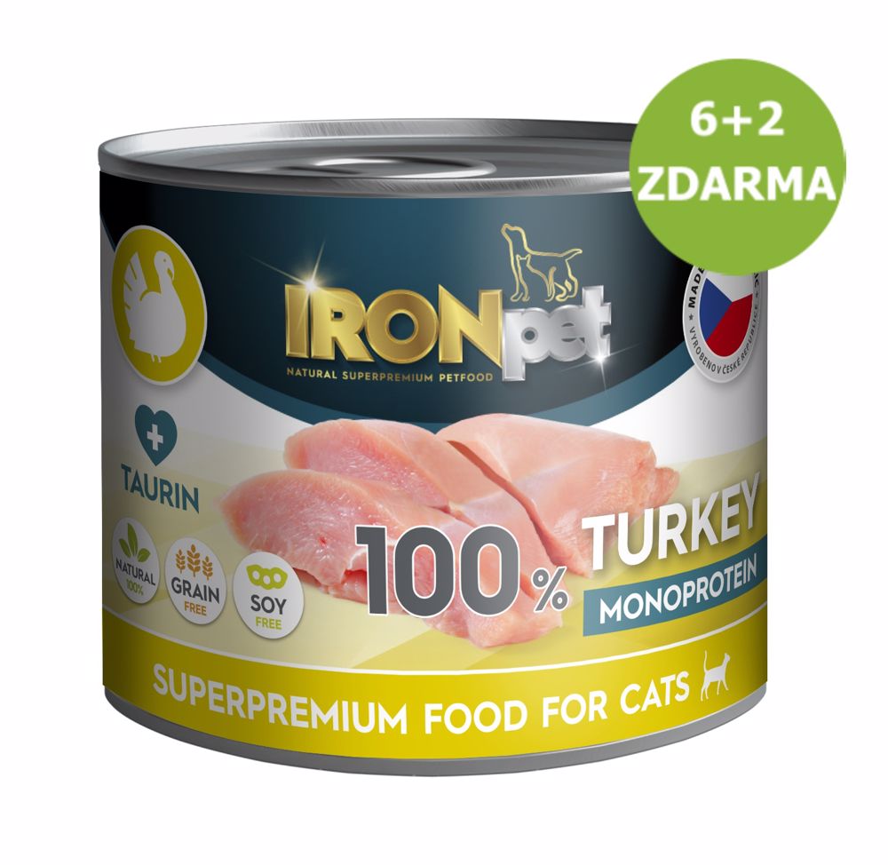 IRONpet Cat Turkey (Krůtí) 100% Monoprotein, konzerva 200 g AKCE 6 + 2 ZDARMA