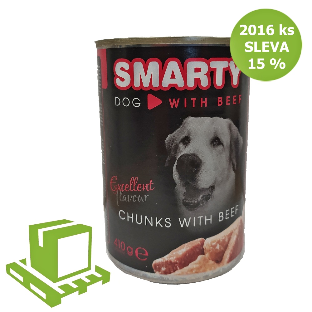 SMARTY Dog Hovězí chunks, konzerva 410 g (paleta 2016 ks) SLEVA 15 %