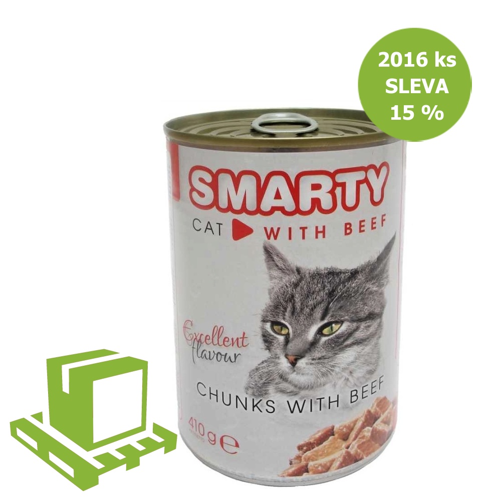 SMARTY Cat Hovězí chunks, konzerva 410 g (paleta 2016 ks) SLEVA 15 %
