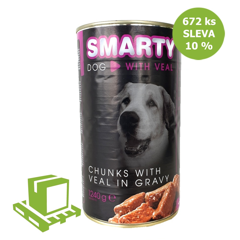 SMARTY Dog Telecí chunks, konzerva 1240 g (paleta 672 ks) SLEVA 10 %