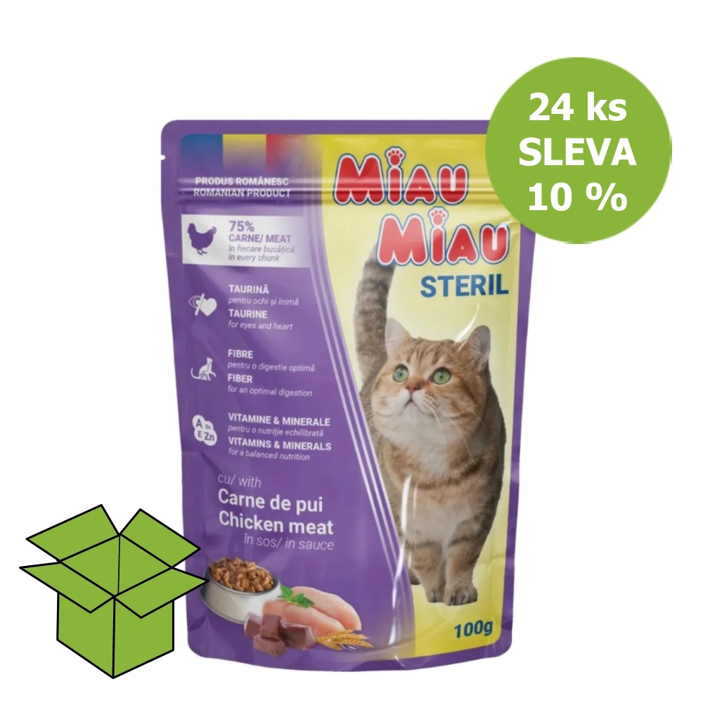 Miau Miau Cat Sterilised kuřecí, kapsa 100 g (24 ks) SLEVA 10 %