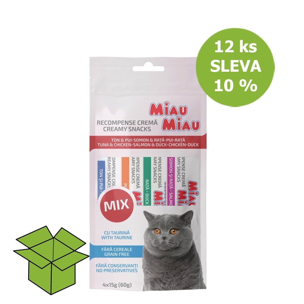 Miau Miau Creamy Snacks Cat mix 15 g 4 pack (12 ks) SLEVA 10 %